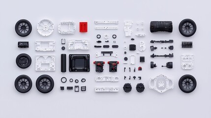 Poster - High-Tech Vehicle Component Layout, Intricate arrangement of white and black car parts including tires, frame, and electronics on a soft gray background, showcasing modern design and precision.