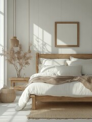 Poster - Serene Bedroom Interior with Natural Light Wooden Accents and Minimalist Decor for Relaxation and Comfort
