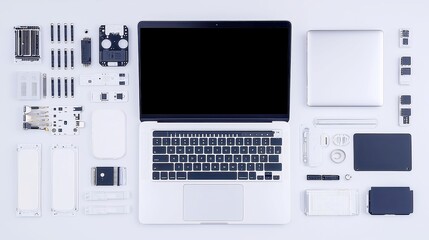 Poster - Dismantled Laptop Components Top-down view of a modern laptop's internal parts, showcasing the screen, motherboard, keyboard keys, ports, and battery modules on a clean surface.