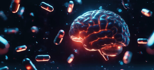 Poster - Brain illuminated by glowing capsules, representing neuroscience and pharmaceuticals. Abstract visualization of brain activity and medication effects., copy space for text