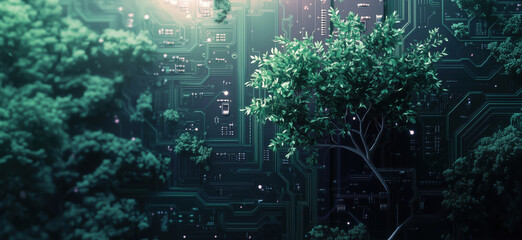  - Tree amidst circuit board background, blending nature and technology. Lush green leaves contrast with digital circuitry, symbolizing harmony between nature and tech., copy space for text