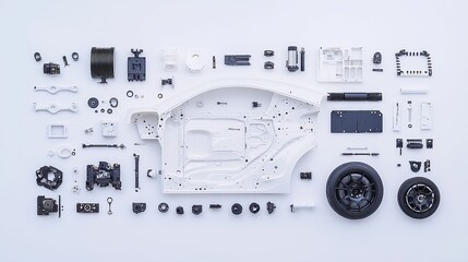 Poster - Minimalist Car Components Arrangement, Clean flat lay showcasing meticulously organized car parts by category on a neutral white surface, emphasizing sharp detail and sleek materials.