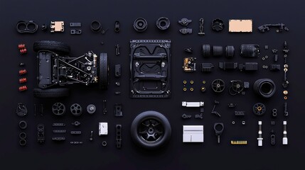 Poster - Disassembled Remote-Controlled Car Layout, intricately arranged components including tires, motor, suspension, and gears on a clean surface in dark and metallic tones