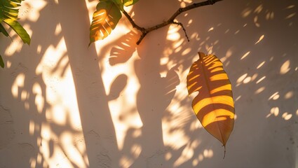 Poster - Shadow play from autumn leaves creates an artistic display on a warm wall during the golden hour of sunset