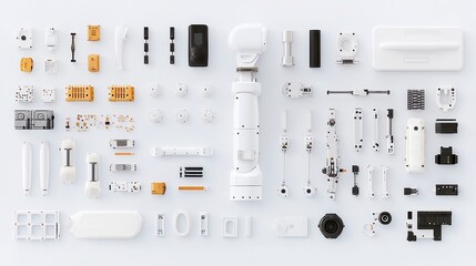 Poster - Robot Arm Component Layout, a top-down arrangement of industrial robot arm parts featuring servos, joints, sensors, and grippers in neutral tech tones, symmetrically displayed.