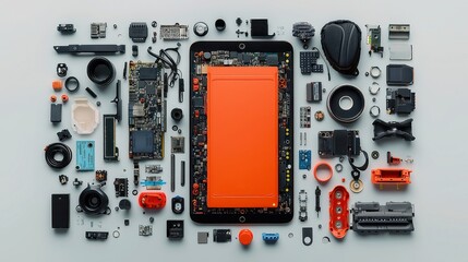 Poster - Modern Tablet Components Layout, Flat lay showcasing LCD screen, PCB, buttons, connectors, shell, neatly arranged on a vibrant tech surface, emphasizing design and detail