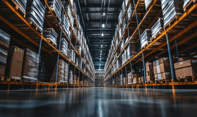 Poster - Warehouse interior with shelves stacked with boxes and pallets, organized storage space, bright lighting, clean floor