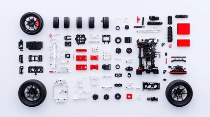 Poster - Disassembled Vehicle Layout, Comprehensive flat lay of vehicle components, showcasing tires, axles, engine parts, and frames in a balanced red-black-white color scheme on a matte surface.