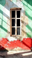 Poster - Aged Window on Distressed Wall with Sunlight Creating Shadow Patterns and Vibrant Colors in Urban Setting