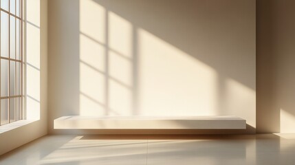 Poster - Minimalist interior with sunlight streaming through window casting shadows on wall and platform creating a serene and bright atmosphere for product display
