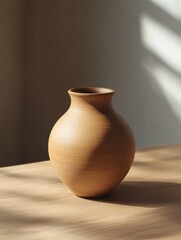 Poster - Earthenware vase casting shadows on a wooden table creating a warm and inviting atmosphere in a minimalist style with soft light