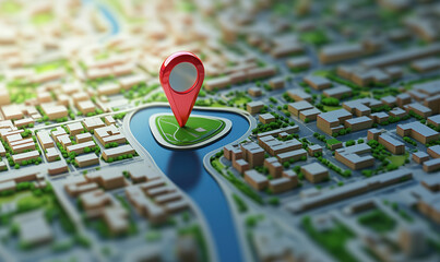 Poster - Map location pin on green park island, aerial view of urban landscape, buildings, river
