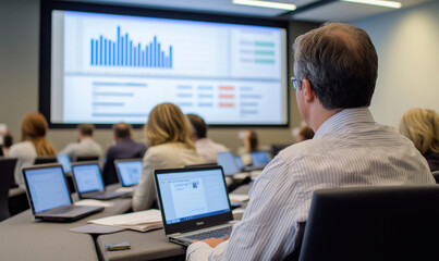 Poster - Business presentation with audience engaged, laptops open, data displayed on screen, professional environment