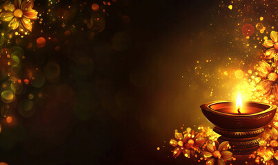 Poster - Diya lamp glowing with flowers and sparkles, warm festive ambiance, rich colors, celebration atmosphere
