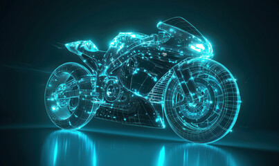 Poster - Futuristic motorcycle hologram, glowing blue wireframe design, sleek aerodynamic shape, digital technology representation, high-tech concept
