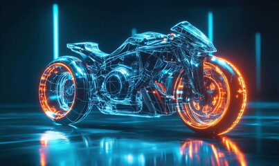 Poster - futuristic motorcycle design, glowing wireframe structure, neon blue and orange accents, sleek aerod