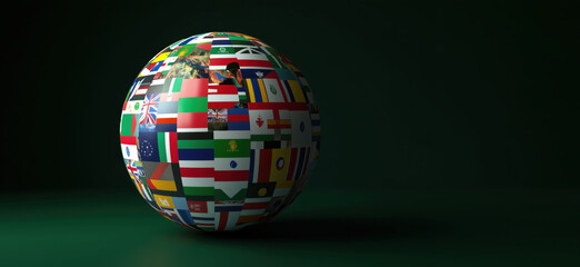 Poster - Global flags egg, colorful representation of world nations, diverse flags covering spherical shape, symbolizing unity and diversity, copy space for text