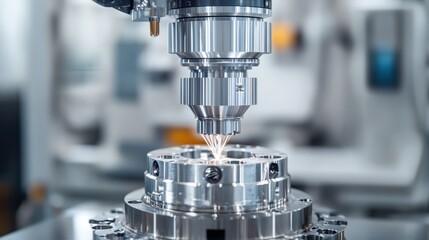 Poster - Precision laser cutting machine in action creating intricate metal parts with bright sparks and modern industrial equipment for manufacturing