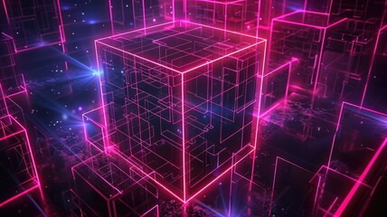 Poster - Abstract glowing cube structure in sci-fi landscape at sunset. Digital artwork of 3D rendering of cube with glowing light. Futuristic and surreal concept for design and print. Geometric shape. AIG53.