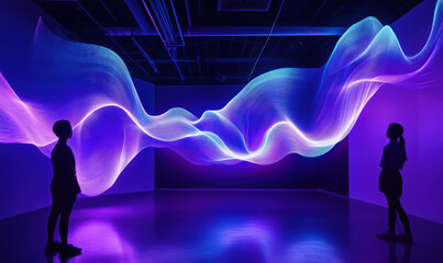 Poster - colorful light waves in modern art installation, two silhouettes observing vibrant display, immersiv