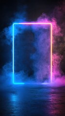 Poster - Abstract neon light frame with colorful smoke on dark concrete background for product display and futuristic digital concept showcasing vibrant colors