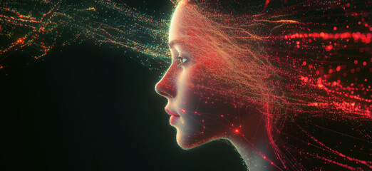 Poster - Digital portrait of woman with flowing light particles, ethereal and futuristic appearance, vibrant colors, abstract background, copy space for text