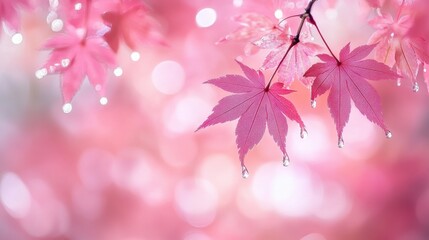 Poster - Delicate pink maple leaves adorned with glistening water droplets against a soft bokeh background creating a serene and dreamy atmosphere