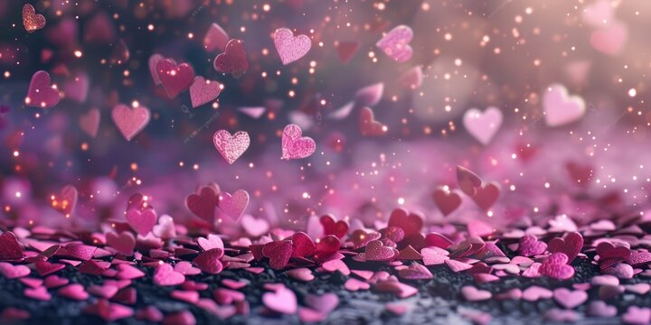 Floating pink hearts and bokeh lights on a dark background. Photography for romantic design and print. Love and Valentines Day concept. Pink heart floating in the air with blurring background. AIG51.