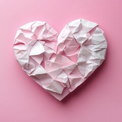Poster - Crumpled Paper Heart on Pink Background Symbolizing Love and Valentine's Day with Delicate Texture and Soft Light