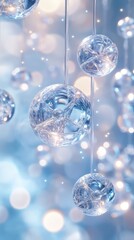 Poster - Elegant glass sphere ornaments suspended against a soft bokeh background creating a serene and festive atmosphere with a cool color palette