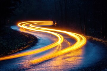 Poster - Dynamic Light Trails Illuminate Curving Road Through Dark Forest Creating an Energetic and Atmospheric Night Scene