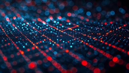 Fototapete - Bright blue and red dots create a futuristic digital background in a night setting