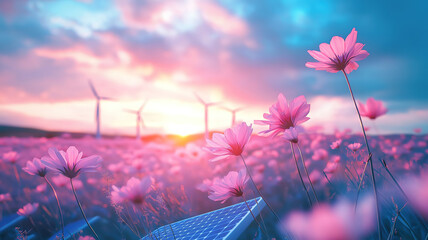 Poster - A stunning sunset with windmill turbines and solar panels symbolizing sustainable clean energy