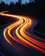 Poster - Dynamic light painting on winding road at twilight hour showcasing motion blur and speed in dark forest