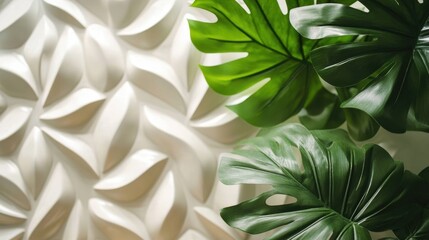 Poster - Tropical Monstera Leaves Against a Textured White Wall Evoking a Calming and Modern Aesthetic for Interior Design and Decoration
