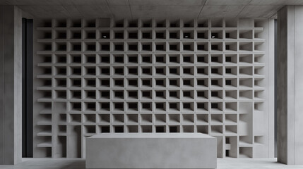 Poster - minimalist white room features concrete ceiling and geometric wall with square openings, creating modern and serene atmosphere. rectangular block stands in center