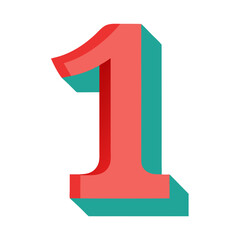 Poster - a three-dimensional rendering of the number one, with a vibrant and eye-catching design and artistic shadow. The number is rendered in a red and teal colour palette.