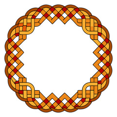 Poster - a decorative circular pattern design, resembling intricate knots and braids. the pattern features repeating elements in warm color tones.