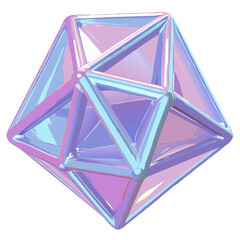 Poster - an iridescent geometric 3D shape with transparent glass effect. The abstract design features a complex, symmetrical structure with sharp edges and facets