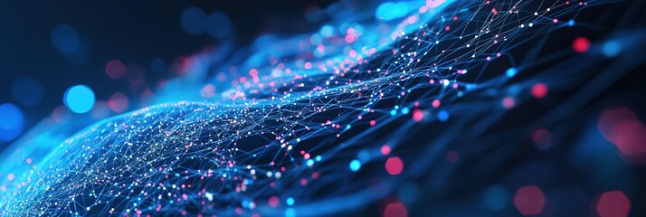 Poster - Wireless data transmission, high internet Information flow in abstract cyberspace. Neural network 3D illustration. Big data and cybersecurity. Data stream. Global AI database, Wide Background
