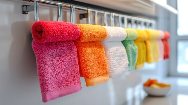 Vibrant Microfiber Towels in a Contemporary Kitchen Setting with Sleek Utensils and Stylish Furniture