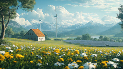 Wall Mural - eco-friendly power generation in the countryside with wind turbines and solar panels
