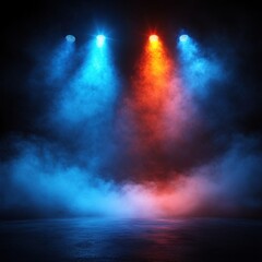 Poster - Dramatic stage illuminated by vibrant blue and red spotlights casting ethereal smoke on concrete floor