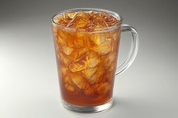 Poster - Refreshing iced tea in a clear glass mug with ice cubes on a neutral backdrop for a cool summer drink concept