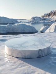 Poster - Elegant marble podium on snowy landscape background for product display with scenic winter mountain view