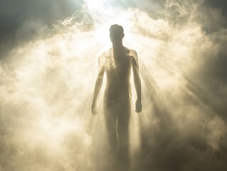Wall Mural - human figure dissolving into white light, arms lifted, soft beams radiate, clouded pale background, 