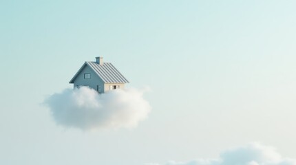 Poster - A small, light-colored house rests atop a fluffy white cloud against a pale blue sky