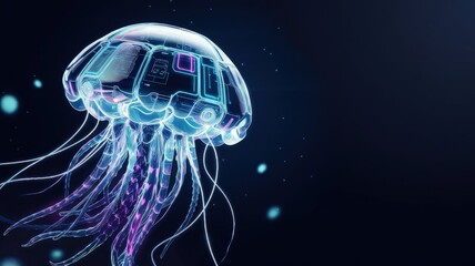 Poster - Cybernetic Jellyfish: A mesmerizing digital rendering of a jellyfish, its form crafted from intricate circuits and glowing neon light, floating in a deep, cosmic sea.