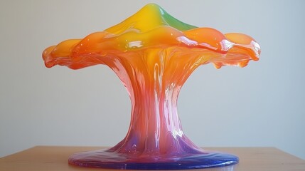 Poster - Vibrant glass sculpture with flowing colorful design on wooden surface against neutral backdrop artistic display