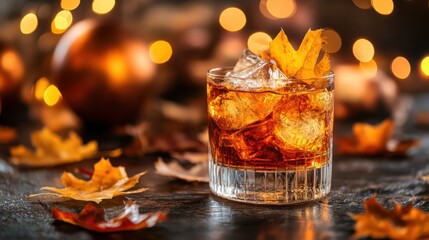 Poster - Autumnal Elixir A Glass of Whiskey with Ice Cubes and Maple Leaves on a Dark Table with Bokeh Lights a Festive Fall Scene